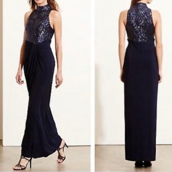 Lauren Ralph Lauren Sequin Mock Neck Evening Gown Navy Sz 12 Formal Maxi $240 - Picture 16 of 16